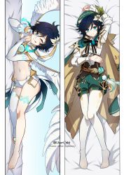 Rule 34 | 1boy, :p, absurdres, androgynous, aqua eyes, barefoot, beret, black hair, blue hair, braid, closed mouth, crop top, dakimakura (medium), feathered wings, feet, flower, full body, genshin impact, gradient hair, green shorts, hair flower, hair ornament, hat, highres, hood, lkari shi, long sleeves, looking at viewer, male focus, midriff, multicolored hair, navel, official alternate costume, pantyhose, pillow, shirt, shorts, single thighhigh, smile, solo, stomach, tattoo, thighhighs, toes, tongue, tongue out, twin braids, venti (archon) (genshin impact), venti (genshin impact), vision (genshin impact), white flower, white pantyhose, white shorts, white wings, wings