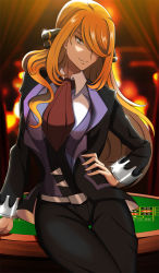 Rule 34 | 1girl, arm support, belt, belt buckle, black jacket, blonde hair, blurry, blurry background, breasts, buckle, casino, cosplay, creatures (company), cynthia (pokemon), formal, game freak, grey eyes, hair ornament, hair over one eye, hand on own hip, hand on table, highres, jacket, leaning to the side, lights, long hair, looking at viewer, metal belt, necktie, nintendo, pokemon, pokemon dppt, pokemon oras, roulette table, shirt, sitting, sitting on table, sleeve cuffs, smile, steven stone, steven stone (cosplay), suit, table, very long hair, vest, vivivoovoo, white shirt
