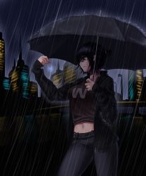Rule 34 | 1girl, absurdres, black hair, breasts, cityscape, commentary request, glasses, highres, holding, holding jewelry, holding necklace, jewelry, medium breasts, navel, necklace, night, original, ornate ring, pants, pendant, rain, ring, shirt, short hair, solo, sushispin, taut clothes, taut shirt, tears, umbrella, wedding ring