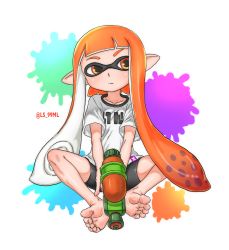 Rule 34 | 1girl, absurdres, artist name, barefoot, bike shorts, black shorts, blunt bangs, casual, child, closed mouth, collarbone, colored eyebrows, domino mask, eyebrows, facing viewer, feet, female focus, flat chest, gun, highres, holding, holding weapon, ink, inkling player character, legs, long hair, looking to the side, mask, monster girl, neck, nintendo, orange eyes, orange hair, paint gun, paint splatter, pointy ears, print shirt, shiny skin, shirt, short shorts, short sleeves, shorts, simple background, sitting, skin tight, soles, splash-o-matic (splatoon), splatoon (series), splatter background, squid girl, tentacle hair, tentacles, thighs, toe scrunch, toenails, toes, tsukimaru (ls 99ml), twitter username, weapon, white shirt