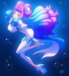 Rule 34 | 1girl, back bow, blue background, blue bow, blue eyes, blue footwear, blue hair, blue nails, blue theme, bow, bubble, cure la mer, double bun, fingernails, full body, grin, hair bun, hair intakes, hair ornament, highres, laura (precure), layered skirt, leggings, long hair, looking at viewer, magical girl, multicolored eyes, multicolored hair, nail polish, pantyhose, precure, purple eyes, purple hair, purple nails, shoes, skirt, smile, solo, thick eyebrows, toeless legwear, toenails, tropical-rouge! precure, two-tone hair, white leggings, white pantyhose, white sleeves, zerolay