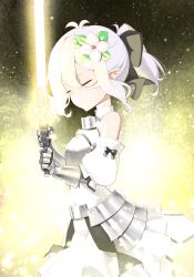 Rule 34 | 1girl, 9nojo, antenna hair, armor, armored dress, artoria pendragon (all), artoria pendragon (fate), black bow, bow, breastplate, caliburn (fate), closed eyes, closed mouth, commentary, cosplay, detached sleeves, dress, english commentary, fate/unlimited codes, fate (series), flower, gauntlets, glowing, glowing sword, glowing weapon, hair between eyes, hair bow, hair flower, hair ornament, highres, holding, holding sword, holding weapon, kokkoro (princess connect!), pointy ears, ponytail, princess connect!, puffy short sleeves, puffy sleeves, saber lily, saber lily (cosplay), short sleeves, solo, sword, two-handed, weapon, white dress, white flower, white hair, white sleeves