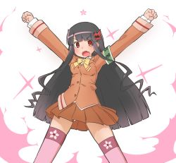Rule 34 | 10s, 1girl, :o, aoki hagane no arpeggio, armband, arms up, ashigara (aoki hagane no arpeggio), black hair, blunt bangs, clenched hands, eyebrows, fang, legs apart, long hair, miniskirt, open mouth, outstretched arms, raigou, raised fists, red eyes, school uniform, sidelocks, skirt, solo, thighhighs, wide stance