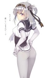 Rule 34 | 1girl, ass, breasts, clothes lift, clothes writing, from behind, gloves, grey hair, grey pantyhose, hair between eyes, headband, highres, kantai collection, long hair, looking at viewer, medium breasts, miniskirt, nakadori (movgnsk), one side up, pantyhose, pleated skirt, sailor collar, school uniform, simple background, skirt, skirt lift, solo, suzutsuki (kancolle), white background, white gloves, white skirt