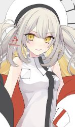 Rule 34 | 1388chan, 1girl, artist name, bare shoulders, blonde hair, colored inner hair, commentary, double-parted bangs, eyes visible through hair, fate/grand order, fate (series), grey background, grey hair, grin, hair between eyes, hat, heart, highres, jacket, lipstick, long hair, looking at viewer, makeup, marie antoinette (alter) (fate), marie antoinette (alter) (first ascension) (fate), marie antoinette (fate), multicolored hair, off shoulder, purple lips, shirt, simple background, sleeveless, sleeveless shirt, smile, solo, twitter username, two side up, unfinished, white hat, white jacket, white shirt, yellow eyes