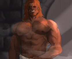 Rule 34 | 1boy, abs, bara, black sclera, chest hair, colored sclera, commentary, ear piercing, earrings, english commentary, eyepatch, fangs, fire emblem, fire emblem heroes, highres, jewelry, looking at viewer, male focus, muscular, muscular male, navel, nintendo, nipples, one eye covered, orange hair, pectorals, piercing, red eyes, shrimp ftw, smile, surtr (fire emblem), topless male, towel around waist, wet