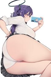 Rule 34 | 1girl, ass, blue archive, blue eyes, breasts, cellphone, closed mouth, clothes lift, halo, highres, holding, holding phone, large breasts, lifted by self, long hair, looking at phone, lying, mole, mole on thigh, on side, panties, phone, purple hair, purple nails, selfie, shirt, simple background, skirt, skirt lift, smartphone, solo, underwear, white background, white panties, white shirt, yuuka (blue archive), yzr (yzr99)