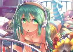 Rule 34 | 1girl, absurdres, bare shoulders, bed, blurry, camisole, depth of field, eating, flower, food, green eyes, green hair, handheld game console, hatsune miku, headphones, highres, long hair, looking at viewer, lying, matching hair/eyes, megurine luka, mouth hold, off shoulder, on stomach, panties, playstation portable, pocky, solo, strap slip, striped clothes, striped panties, striped thighhighs, stuffed toy, takoluka, thighhighs, touboku, twintails, underwear, vocaloid