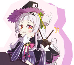 Rule 34 | 1girl, black capelet, black gloves, black headwear, blunt bangs, blush, bow, bowtie, capelet, capuchi (111cappuccino), closed mouth, commentary, cropped shirt, food, gloves, grey hair, grey shirt, hair bun, hair ornament, hairband, hat, head rest, hexagram hair ornament, hololive, long hair, long sleeves, looking at viewer, midriff peek, murasaki shion, murasaki shion (1st costume), pink bow, pink bowtie, pocky, pocky day, purple capelet, shirt, short eyebrows, sidelocks, single side bun, smile, solo, striped clothes, striped shirt, tilted headwear, vertical-striped clothes, vertical-striped shirt, virtual youtuber, witch hat, yellow eyes