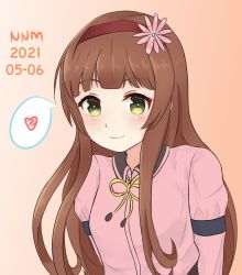Rule 34 | 1girl, blunt bangs, blush, brown hair, dated, flower, hair flower, hair ornament, hairband, heart, helena (kancolle), highres, kantai collection, long hair, long sleeves, neck ribbon, nnm, one-hour drawing challenge, orange background, pink flower, red hairband, ribbon, sidelocks, signature, simple background, smile, solo, spoken heart, upper body, yellow eyes, yellow ribbon