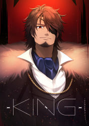 Rule 34 | 1boy, absurdres, belmond banderas, black jacket, black vest, brown hair, choco (chocovix112), closed mouth, collared shirt, english text, eyebrows hidden by hair, eyepatch, facial hair, hair between eyes, hair over shoulder, highres, jacket, long hair, low ponytail, male focus, nijisanji, ponytail, red eyes, shirt, smile, solo, stubble, thick eyebrows, upper body, vest, virtual youtuber, white shirt