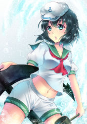 Rule 34 | 1girl, absurdres, anchor, anchor symbol, aqua eyes, ascot, black hair, blush, breasts, bubble, commentary request, cowboy shot, crop top, gradient background, green sailor collar, grey background, hair between eyes, hat, highres, hishaku, holding, looking at viewer, medium breasts, midriff, murasa minamitsu, navel, parted lips, red ascot, sailor collar, sailor hat, sailor shirt, shirt, short hair, short shorts, shorts, solo, sparkle, stomach, tachiaoi (r1921l), thighs, touhou, white hat, white shirt, white shorts
