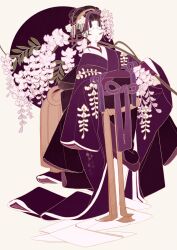 Rule 34 | 1girl, black hair, closed eyes, flower, full body, hair ornament, hair stick, highres, holding, japanese clothes, kanzashi, kimono, long sleeves, makeup, obi, original, purple kimono, sash, sleeves past fingers, sleeves past wrists, solo, standing, surie, updo, wide sleeves, wisteria