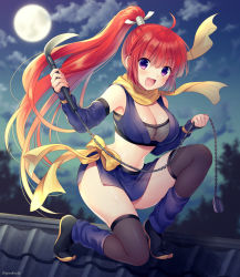 Rule 34 | 1girl, :d, artist name, bare shoulders, black footwear, black thighhighs, blue skirt, blurry, blurry background, blush, breasts, chain, cleavage, cloud, cloudy sky, crop top, depth of field, detached sleeves, full body, full moon, gradient hair, gradient sky, hagino kouta, hair ribbon, holding, kusarigama, large breasts, long hair, long sleeves, looking at viewer, midriff, miniskirt, moon, multicolored hair, navel, night, night sky, ninja, on one knee, open mouth, orange hair, original, outdoors, ponytail, purple eyes, red hair, ribbon, scarf, scythe, sickle, side slit, sidelocks, skirt, sky, sleeves past wrists, smile, solo, stomach, thighhighs, thighs, tile roof, tree, v-shaped eyebrows, very long hair, weapon, yellow ribbon, yellow scarf