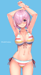 Rule 34 | 1girl, armpits, arms up, bare shoulders, bikini, blush, breasts, cleavage, collarbone, fate/grand order, fate (series), glasses, gluteal fold, hair over one eye, kouzuki tsubasa (musou kaidou), large breasts, light purple hair, looking at viewer, mash kyrielight, mash kyrielight (swimsuit of perpetual summer ver.02), multicolored bikini, multicolored clothes, navel, official alternate costume, purple eyes, rainbow bikini, short hair, smile, solo, striped bikini, striped clothes, swimsuit, thighs