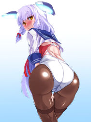 Rule 34 | 1girl, adapted costume, ass, back, blush, cameltoe, competition swimsuit, cropped shirt, floating headgear, hakkai, headgear, highres, kantai collection, long hair, looking at viewer, looking back, murakumo (kancolle), necktie, one-piece swimsuit, orange eyes, pantyhose, pantyhose under swimsuit, red one-piece swimsuit, sailor collar, silver hair, solo, swimsuit, thighband pantyhose, two-tone swimsuit, very long hair, white one-piece swimsuit