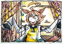 Rule 34 | 1girl, agnes tachyon (umamusume), ahoge, animal ears, bead curtain, black necktie, brown hair, doorway, horse ears, horse girl, horse tail, huge ahoge, imitating, indoors, lab coat, leon the professional, long sleeves, messy hair, morisshii (morishiey), necktie, norman stansfield, parody, scene reference, short hair, short necktie, sleeves past fingers, sleeves past wrists, solo, sweater, tail, test tube, traditional media, umamusume, yellow sweater