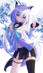 Rule 34 | 1girl, absurdres, ahoge, animal ears, black shorts, black thighhighs, blue eyes, blue neckerchief, blush, braid, breasts, cleavage, detached sleeves, fox ears, fox girl, fox shadow puppet, fox tail, front slit, grey hair, highres, hololive, long hair, looking at viewer, medium breasts, midriff, navel, neckerchief, open mouth, p-tomi, shirakami fubuki, shirakami fubuki (1st costume), shirt, short shorts, shorts, single braid, single thighhigh, solo, tail, thigh strap, thighhighs, virtual youtuber, white shirt, white sleeves, wide sleeves