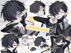 Rule 34 | !?, &gt; &lt;, 1boy, :d, arknights, arms behind head, black hair, black jacket, braid, bruise, bruise on face, character name, chibi, chibi inset, closed eyes, commentary, corroserum (arknights), cropped torso, dancing, emoji, eye mask, eyebrow piercing, hair over one eye, hand up, highres, injury, jacket, long hair, looking at viewer, looking up, male focus, multiple views, nomochi (cab8d9), open mouth, paperclip, piercing, pointy ears, profile, shaded face, side braid, slit pupils, smile, snake boy, snake tail, surprised, sweat, tail, translation request, twitter username, upper body, wide-eyed, xd, yellow eyes