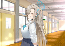 Rule 34 | 1girl, :d, ao12073010, arms behind back, asuna (blue archive), black choker, black skirt, blue archive, blue bow, blue bowtie, blurry, bow, bowtie, choker, collared shirt, commentary request, depth of field, from side, grin, hair bow, hair over one eye, hair ribbon, hallway, halo, highres, indoors, long bangs, long hair, long sleeves, looking at viewer, looking to the side, official alternate costume, open mouth, pleated skirt, ribbon, school, school uniform, shirt, sidelocks, skirt, smile, solo, white shirt, window