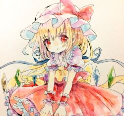 Rule 34 | 1girl, ascot, bat wings, blonde hair, crystal, flandre scarlet, hat, hat ribbon, highres, hiyuu (hiyualice), mob cap, multicolored wings, one side up, puffy short sleeves, puffy sleeves, red eyes, red skirt, red vest, ribbon, short sleeves, side ponytail, skirt, skirt set, solo, star (symbol), touhou, traditional media, vest, white hat, wings, yellow ascot