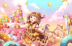 Rule 34 | blunt bangs, blush, brown eyes, brown hair, cake, chocolate, cookie, dress, food, idolmaster, idolmaster cinderella girls, idolmaster cinderella girls starlight stage, kitami yuzu, lolita fashion, one eye closed, oversized object, pastry, short hair, sky, smile, solo, sweets, valentine, wink