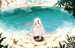 Rule 34 | 1girl, absurdres, alcohol, bamboo, bathing, blush, bug, butterfly, day, hand on own cheek, hand on own face, highres, himura soichiro, hololive, horns, insect, long hair, looking at viewer, multicolored hair, naked towel, nakiri ayame, onsen, outdoors, plant, red eyes, red hair, reflection, ripples, rock, sake, steam, streaked hair, towel, very long hair, virtual youtuber, water, white hair