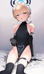 Rule 34 | 1girl, arm support, bare shoulders, black gloves, black leotard, black thighhighs, blonde hair, blue archive, blue eyes, blush, breasts, cum, cum on body, cum on clothes, elbow gloves, female focus, gloves, half-closed eyes, halo, heart, highleg, highleg leotard, highres, leotard, looking at viewer, maid headdress, paid reward available, short hair, signalviolet, sitting, small breasts, solo, thigh strap, thighhighs, toki (blue archive)