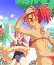 Rule 34 | 2girls, arm up, armpits, azpainter (medium), bikini, blue one-piece swimsuit, blue sky, blush, brown eyes, commentary request, cowboy shot, flower, green eyes, high ponytail, highres, innertube, long hair, looking at viewer, multiple girls, one-piece swimsuit, open mouth, original, outdoors, palm tree, pink hair, ponytail, red bikini, red flower, red hair, sakakura (sariri), short hair, sky, smile, swim ring, swimsuit, tan, tree, yellow flower