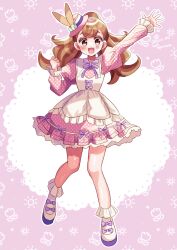 Rule 34 | 1girl, arm up, artist name, bobby socks, brown hair, commentary request, doroshii, dress, easter, frilled dress, frilled sleeves, frills, full body, hat, highres, inukai komugi, juliet sleeves, light smile, long hair, long sleeves, looking at viewer, medium dress, neck ribbon, open mouth, partial commentary, pink dress, pink hat, polka dot, polka dot dress, precure, puffy sleeves, purple ribbon, red eyes, ribbon, shoes, signature, socks, solo, split ponytail, standing, tilted headwear, twitter username, waving, white footwear, white socks, wonderful precure!