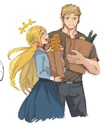Rule 34 | 1boy, 1girl, :d, bag, baguette, belt, blonde hair, blue eyes, blue shirt, blue skirt, bottle, braid, bread, brown eyes, brown hair, dungeon meshi, eye contact, food, grey pants, grey shirt, grocery bag, laios touden, looking at another, marcille donato, open mouth, pants, pointy ears, shirt, shopping bag, short hair, simple background, skirt, smile, t-shirt, tsunj, white background, wine bottle