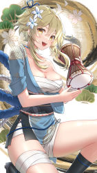Rule 34 | 1girl, absurdres, blonde hair, blush, breasts, chumugi, drum, flower, genshin impact, hair flower, hair ornament, highres, instrument, large breasts, looking at viewer, lumine (genshin impact), medium hair, open mouth, sidelocks, smile, solo, thighs, yellow eyes