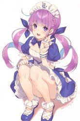 Rule 34 | 1girl, ahoge, anchor symbol, artist name, blue footwear, blue nails, blush, bow, braid, breasts, cleavage, colored inner hair, dress, drill hair, frilled dress, frills, highres, hololive, long hair, looking at viewer, lucidsky, maid, maid headdress, medium breasts, minato aqua, minato aqua (1st costume), multicolored hair, nail polish, open mouth, pink hair, puffy short sleeves, puffy sleeves, purple eyes, ribbon, shadow, shiny skin, short sleeves, simple background, smile, solo, streaked hair, twin drills, twintails, two-tone hair, v, very long hair, virtual youtuber, white background, white bow, wrist cuffs