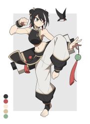 Rule 34 | 1girl, animal request, baggy pants, bare shoulders, bird, black hair, black trim, border, character request, character sheet, chinese clothes, clenched hand, crane stance, double bun, fighting stance, fingernails, green eyes, grey background, hair bun, hanenosaki, loincloth, long bangs, midriff, multicolored hair, original, oversized object, palms, pants, red tassel, scroll, skinny, solo, streaked hair, tassel, toenails, toned, white background, white border, white hair, yellow trim