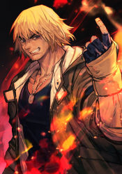 Rule 34 | 1boy, beard, blonde hair, brown jacket, capcom, dark background, dog tags, embers, facial hair, fingerless gloves, fire, gloves, hungry clicker, index finger raised, jacket, ken masters, looking at viewer, smile, solo, street fighter, street fighter 6, stubble, thick eyebrows, upper body