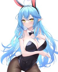 Rule 34 | 1girl, absurdres, ahoge, animal ears, arm under breasts, bare shoulders, blue hair, blush, bow, bowtie, braid, breast suppress, breasts, cleavage, closed mouth, collarbone, cowboy shot, crossed bangs, detached collar, elf, fake animal ears, hair between eyes, half updo, heart, heart ahoge, highres, hololive, large breasts, leotard, long hair, looking at viewer, multicolored hair, nail polish, nama tt1786, navel, playboy bunny, pointy ears, rabbit ears, rabbit tail, simple background, solo, streaked hair, tail, thick thighs, thighs, very long hair, virtual youtuber, white background, yellow eyes, yukihana lamy