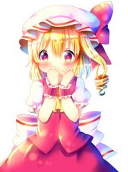 Rule 34 | 1girl, ascot, blonde hair, blush, bow, chocolat (momoiro piano), commentary request, covered mouth, flandre scarlet, hair between eyes, hands up, hat, hat bow, long hair, mob cap, one side up, puffy short sleeves, puffy sleeves, red bow, red eyes, red skirt, red vest, ringlets, shirt, short sleeves, sidelocks, simple background, skirt, skirt set, solo, touhou, vest, white background, white bow, white hat, white shirt, wrist cuffs, yellow ascot