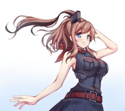 Rule 34 | 10s, 1girl, anchor, belt, black dress, blue eyes, breast pocket, breasts, brown hair, dress, highres, kantai collection, large breasts, long hair, looking at viewer, neckerchief, parted lips, pocket, ponytail, red belt, red neckerchief, saratoga (kancolle), saratoga mk ii (kancolle), shokuane, side ponytail, sidelocks, simple background, smile, solo, upper body, white background