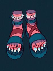 Rule 34 | aqua nails, black background, black footwear, colored skin, feet, highres, nail polish, original, red skin, sandals, sharp toenails, simple background, spiked anklet, toenails, uzuta
