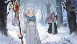 Rule 34 | 2girls, black coat, blue scarf, blush, brown capelet, bush, buttons, capelet, closed mouth, coat, commentary request, cut bangs, day, double-breasted, dress, drop earrings, earrings, elf, eyelashes, fern (sousou no frieren), floating hair, forest, frieren, frilled shirt collar, frills, green eyes, hand up, highres, holding, holding staff, jewelry, long hair, long sleeves, looking at viewer, mage staff, multiple girls, nature, open clothes, open coat, outdoors, parted bangs, parted lips, pointy ears, purple eyes, purple hair, scarf, short eyebrows, sidelocks, smile, snow, sousou no frieren, staff, standing, thick eyebrows, tree, twintails, tyomesuke, very long hair, white coat, white dress, white hair, winter
