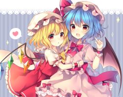Rule 34 | 2girls, absurdres, bat wings, blonde hair, blue background, blue hair, blush, bow, bowtie, center frills, commentary request, cowboy shot, crystal, flandre scarlet, frilled shirt collar, frills, hair between eyes, hand up, hat, hat bow, hat ribbon, heart, highres, hug, index finger raised, lace trim, long hair, looking at viewer, mob cap, multiple girls, one side up, open mouth, parted lips, petticoat, pink hat, puffy short sleeves, puffy sleeves, red bow, red eyes, red neckwear, red ribbon, red sash, red skirt, red vest, remilia scarlet, ribbon, ruhika, sash, short sleeves, siblings, sisters, skirt, skirt set, smile, sparkle, spoken heart, striped, striped background, touhou, vertical stripes, vest, white hat, wings, wrist cuffs, yellow bow, yellow neckwear