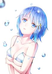 Rule 34 | 10s, 1girl, bare shoulders, bikini, bikini top only, blue eyes, blue hair, collarbone, fortissimo, hair ornament, hairclip, mahou shoujo madoka magica, mahou shoujo madoka magica (anime), matching hair/eyes, miki sayaka, musical note, musical note hair ornament, off shoulder, simple background, solo, swimsuit, water, water drop, white background, you06