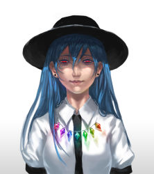 Rule 34 | 1girl, blue hair, breasts, cmy, collared shirt, diamond (gemstone), earrings, grin, hat, hinanawi tenshi, jewelry, lips, long hair, looking at viewer, neck, necklace, nose, rainbow order, red eyes, shaded face, shirt, short sleeves, simple background, smile, squinting, stud earrings, touhou, white background