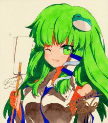 Rule 34 | 1girl, ;d, bad id, bad pixiv id, bare shoulders, breasts, collared shirt, detached sleeves, frog hair ornament, gohei, green eyes, green hair, hair ornament, hair tubes, holding, holding stick, kochiya sanae, long hair, medium breasts, one eye closed, open mouth, qqqrinkappp, shikishi, shirt, signature, sleeveless, sleeveless shirt, smile, snake hair ornament, solo, stick, touhou, traditional media, upper body, white shirt