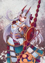 Rule 34 | 1girl, archer (fate), bow, bow (weapon), drawing bow, fate/grand order, fate (series), holding, holding bow (weapon), holding weapon, horns, looking at viewer, namekuji (slug), oni, open mouth, solo, tomoe gozen (fate), weapon