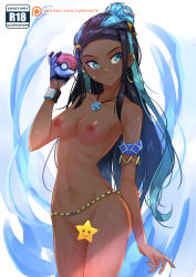 Rule 34 | 1girl, armlet, bad id, bad pixiv id, belly chain, black hair, blue eyes, blue hair, blush, breasts, censored, commentary, creatures (company), dark-skinned female, dark skin, earrings, english commentary, eyeliner, eyeshadow, forehead, game freak, gloves, gym leader, highres, holding, holding poke ball, hoop earrings, jewelry, long hair, makeup, medium breasts, multicolored hair, necklace, nessa (pokemon), nintendo, nipples, nude, partially fingerless gloves, poke ball, poke ball (basic), pokemon, pokemon swsh, single glove, solo, sydus, two-tone hair