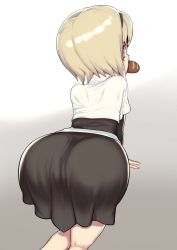Rule 34 | 1girl, all fours, artist request, ass, black skirt, blonde hair, blush, bread, food, grey background, hairband, highres, jashin-chan dropkick, looking at viewer, looking back, pekora (jashin-chan dropkick), short hair, simple background, skirt, solo, two-tone background, white background, yellow eyes