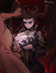 Rule 34 | 1boy, 1girl, black dress, black horns, black sclera, blue eyes, blush, breasts, breasts squeezed together, clothed female nude male, colored sclera, commentary, cum, cum on body, cum on breasts, cum on upper body, defeat, demon girl, demon horns, demon wings, diablo, diablo (series), diablo 4, disgust, dress, english commentary, facial, hetero, highres, horns, huge breasts, lilith (diablo), male pubic hair, nude, paizuri, pale skin, penis, plunging neckline, pubic hair, runny makeup, scofa, solo focus, testicles, trembling, uncensored, wings