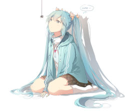 Rule 34 | 1girl, aqua eyes, aqua hair, aqua jacket, between legs, blush, bow, bug, closed mouth, commentary request, english text, full body, hair between eyes, hair bow, hand between legs, hatsune miku, heart, heart necklace, highres, jacket, jokanhiyou, kneehighs, long hair, long sleeves, necklace, no shoes, plaid, plaid skirt, shadow, shirt, simple background, sitting, skirt, sleeves past wrists, socks, solo, spider, spider thread, thought bubble, very long hair, vocaloid, wariza, white shirt, white socks