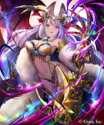 Rule 34 | 1girl, absurdres, animal ears, bat wings, breasts, character request, clawed gauntlets, company name, copyright notice, copyright request, fur trim, hand up, headgear, highres, long hair, medium breasts, navel, official art, pink eyes, purple eyes, revealing clothes, solo, teffish, wings
